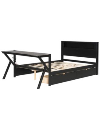 Full Size Wooden Gaming Bed with LED Headboard, Desk, USB & Storage, Black