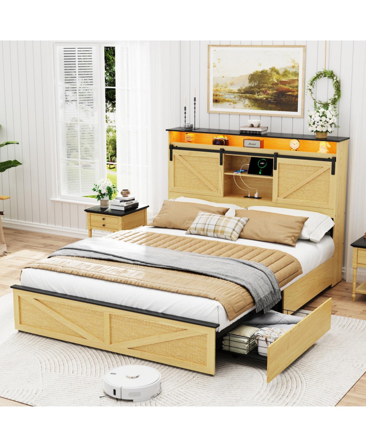 Streamdale Furniture Streamdale Farmhouse Full Size Bed Frame with Storage Headboard, Drawers, Charging & Led
