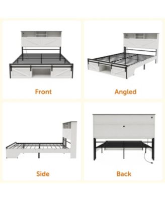 Farmhouse Queen Storage Bed Frame with Charging Station & LED Lights, White