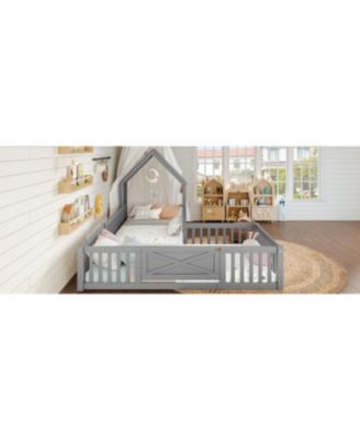 Streamdale Twin Size House Floor Bed with Door and Guardrails, Grey