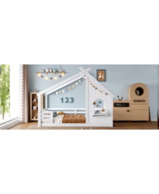 Full House Floor Bed with Window & Shelf, Solid Wood, White