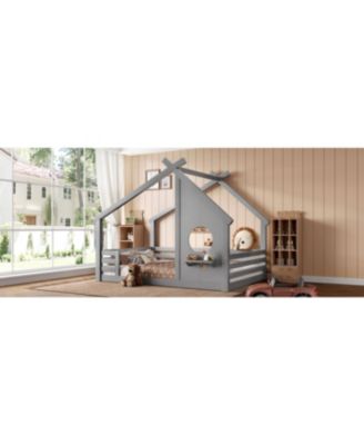  Full House Floor Bed with Window & Shelf, Solid Wood, Grey