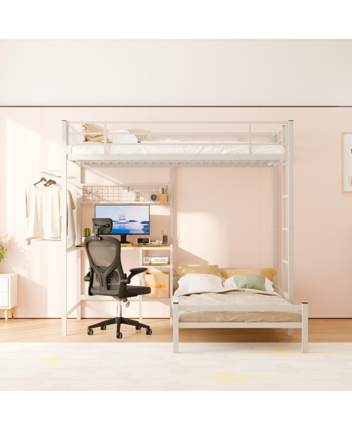 Streamdale Furniture Bunk Bed Twin Over Twin with Desk Station, L-Shaped Metal Loft Bed, White