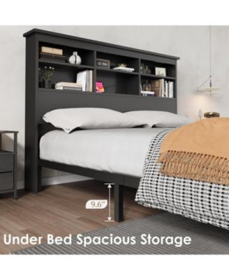 Queen Size Bed Frame with Bookcase Headboard, 2-Tier Storage Platform Bed with USB Charging Station, No Box Spring Needed, Easy Assembly