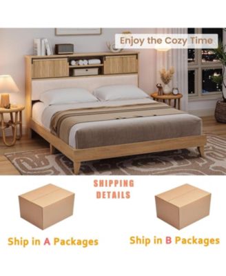 Boho Rattan King Bed Frame with Headboard, Solid Wood Platform, Storage Shelves & Sliding Door, No Box Spring