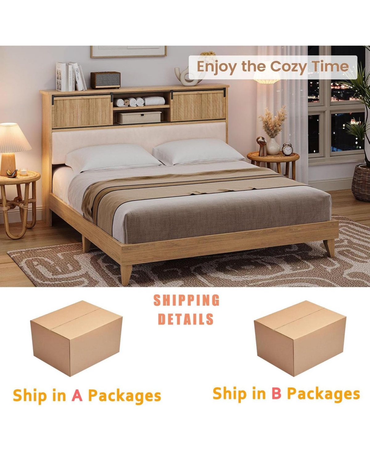 Gaomon Boho Rattan King Bed Frame with Headboard, Solid Wood Platform, Storage Shelves & Sliding Door, No Box Spring