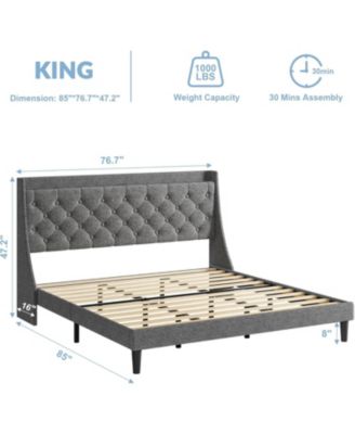 King Upholstered Platform Bed with Button Tufted Wingback Storage Headboard, Wood Slats, Charging Station, Noise-Free