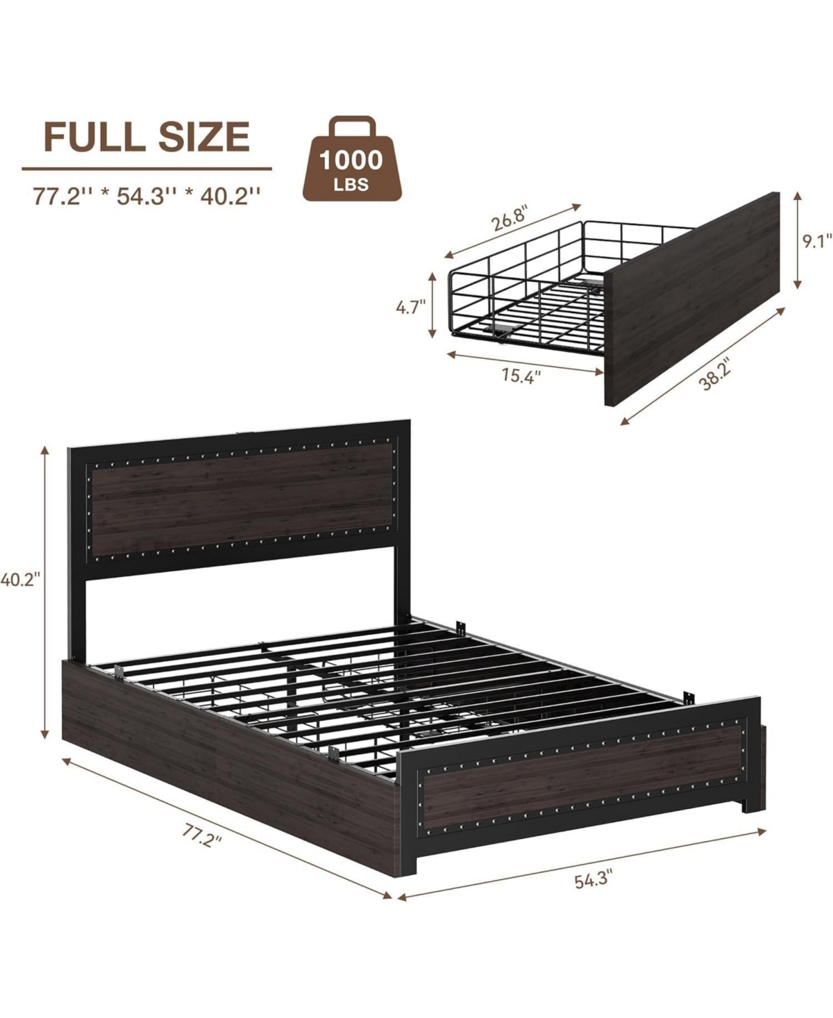 gaomon Bed Frame with Four Storage Drawers and Charging Station, Riveted Headboard Platform Bed with Metal Slat Frame, No Box Spring Required