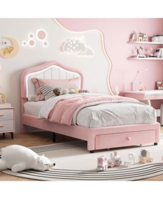 Upholstered Bed Frame with Storage Drawer and Smart LED Headboard, Twin Size Platform Bed Frame for Kids, Wooden Slats Support