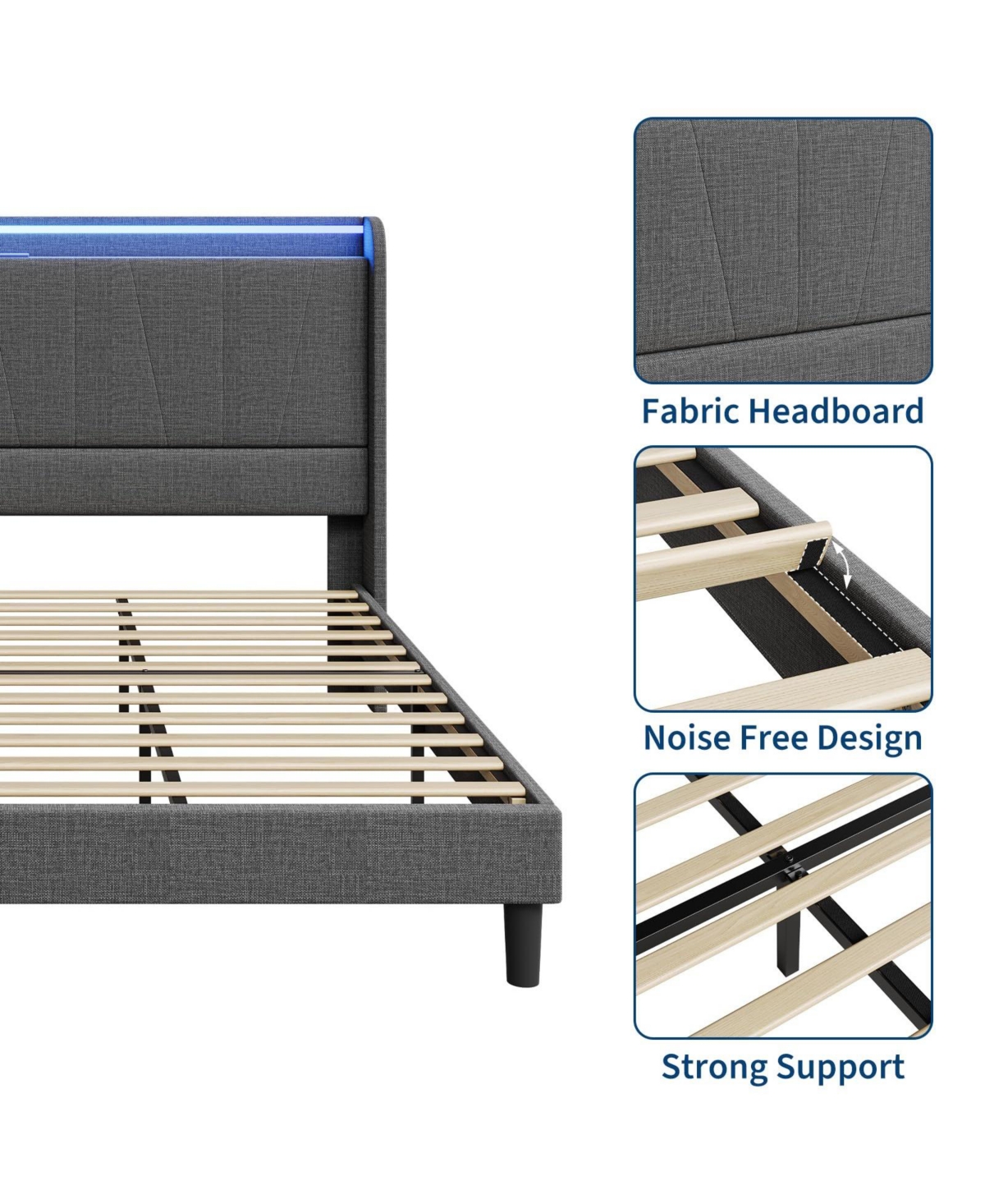 gaomon Bed Frame with Charging Station & Led Lights, Modern Platform Bed with Wooden Slats, Upholstered Headboard, No Box Spring