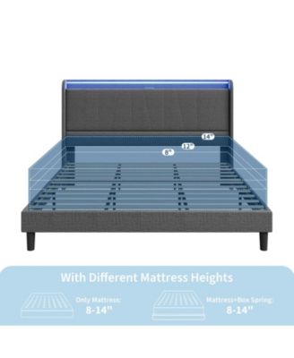 Bed Frame with Charging Station & LED Lights, Modern Platform Bed with Wooden Slats, Upholstered Headboard, No Box Spring, Easy Assembly