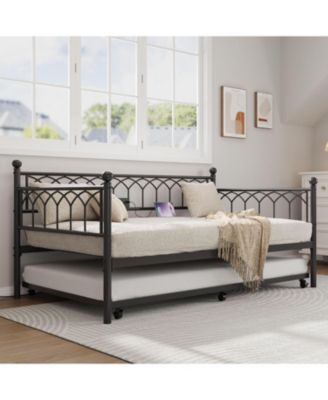 Twin Daybed with Pop-Up Trundle & Charging Station, Pull Out Bed Frame, Metal Sofa Bed