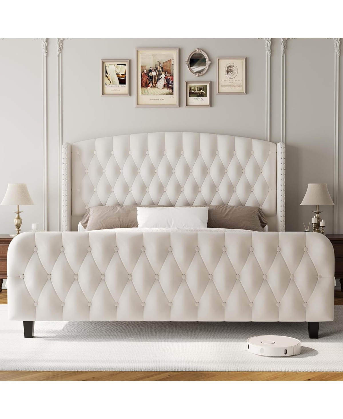 gaomon 51" Tall Size Velvet Upholstered Bed Frame with Deep Button Tufted Wingback Headboard & Footboard, Elegant Platform Bed