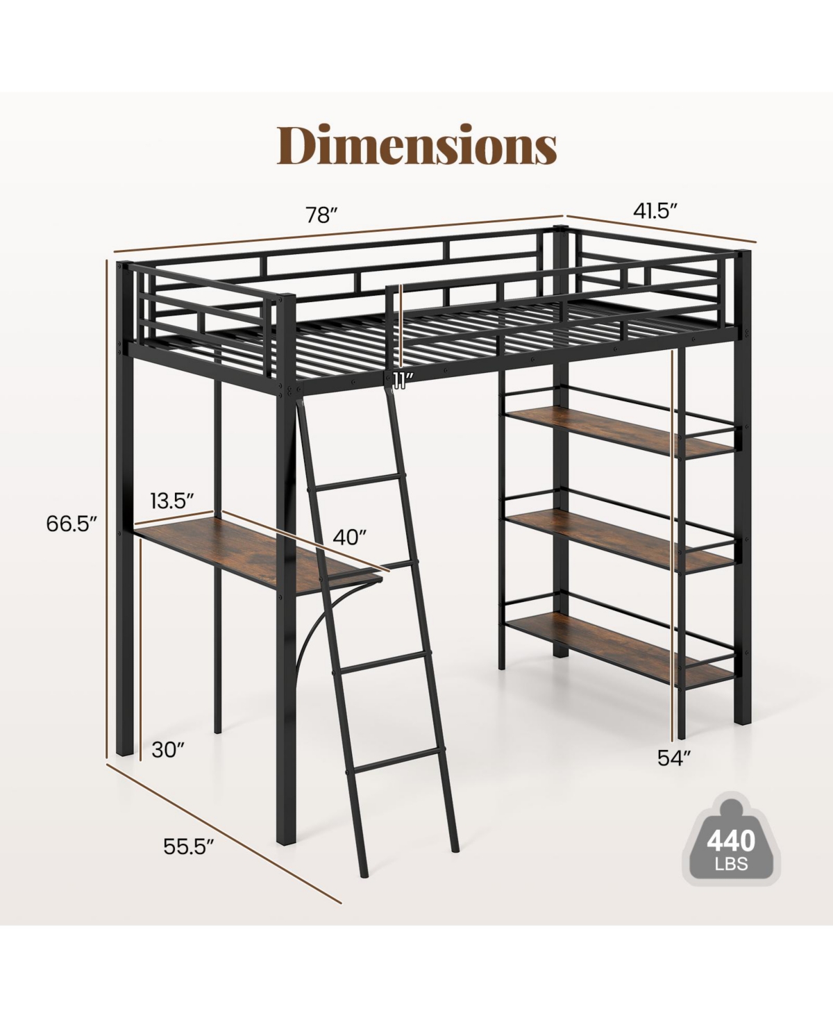 Gymax Twin Size Loft Bed w/ Desk & Shelves Inclined Ladder & Full-length Guardrails