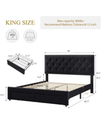 King Size Bed Frame with 2 Storage Drawers, Vintage Velvet Upholstered, Button Tufted Wingback Headboard, Black