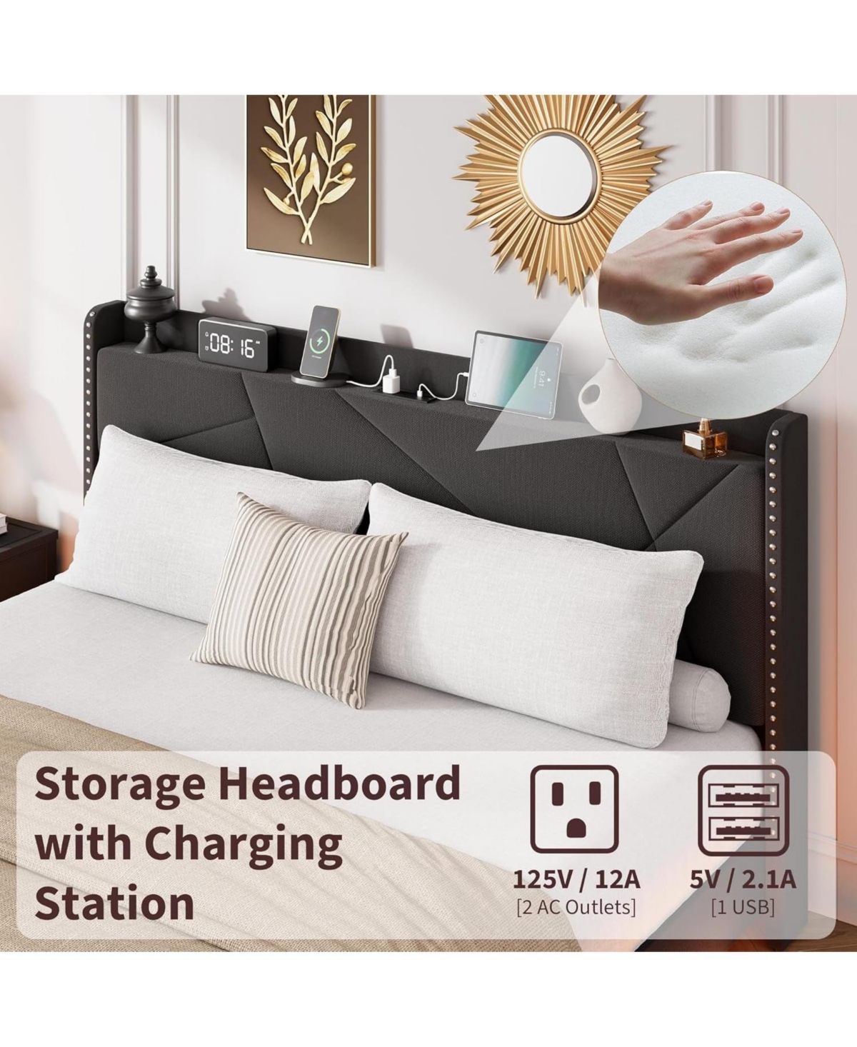 gaomon Full Size Floating Bed Frame with Rgb Led Lights, Charging Station, Upholstered Platform, Storage Headboard