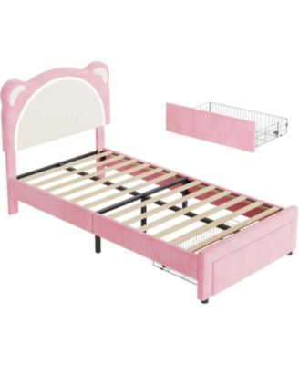 Upholstered Twin XL Platform Bed Frame with Adjustable Headboard, Drawer, LED Light, Wood Slats – Kids Bed