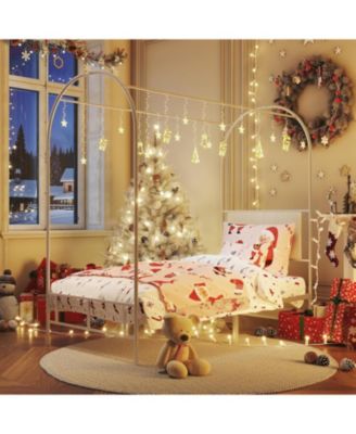 Twin Size Canopy Bed Frame with Upholstered Headboard, Underbed Storage, Decorative Arched Metal, White