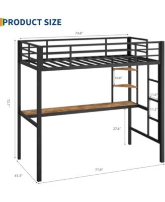 Twin Size Loft Bed with Large Desk, Storage Shelves, Stairs & Safety Guardrail, Space Saving, Black & Brown