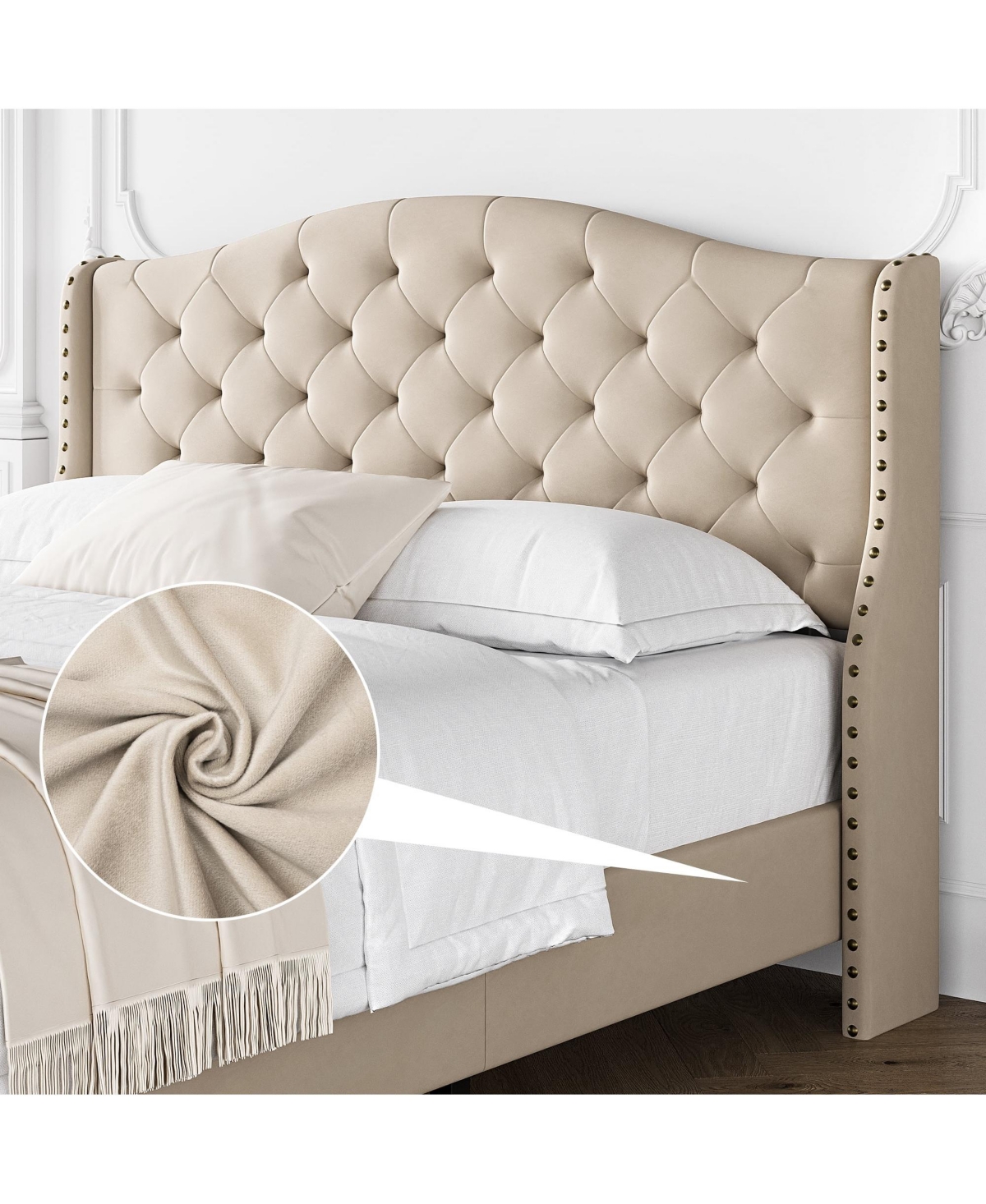 gaomon Queen Size Platform Bed Frame with Wingback Velvet Headboard Nailhead Trim Wooden Slats