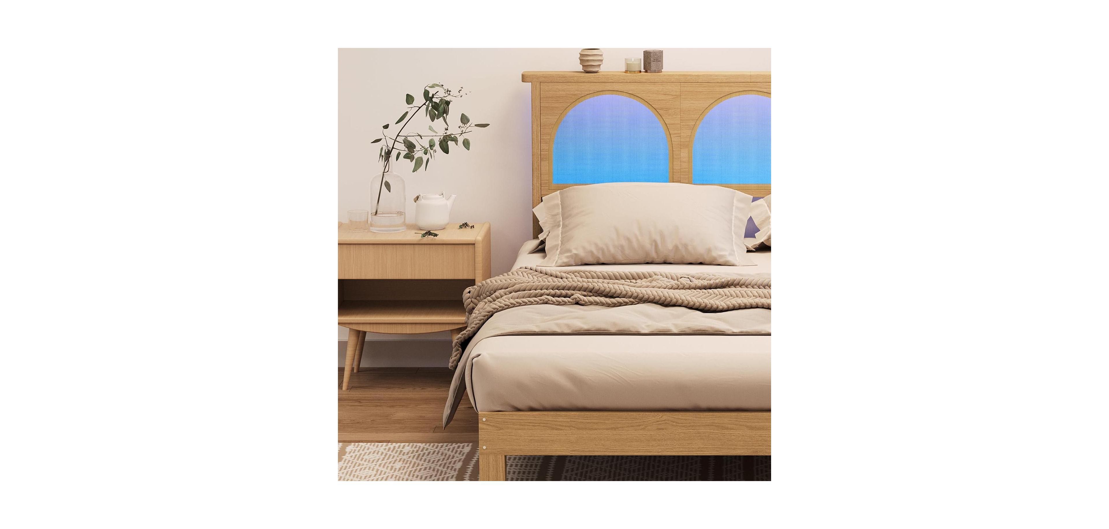 Gaomon Full Size Solid Wood & Rattan Rgb Led Platform Bed Frame with Underbed Storage