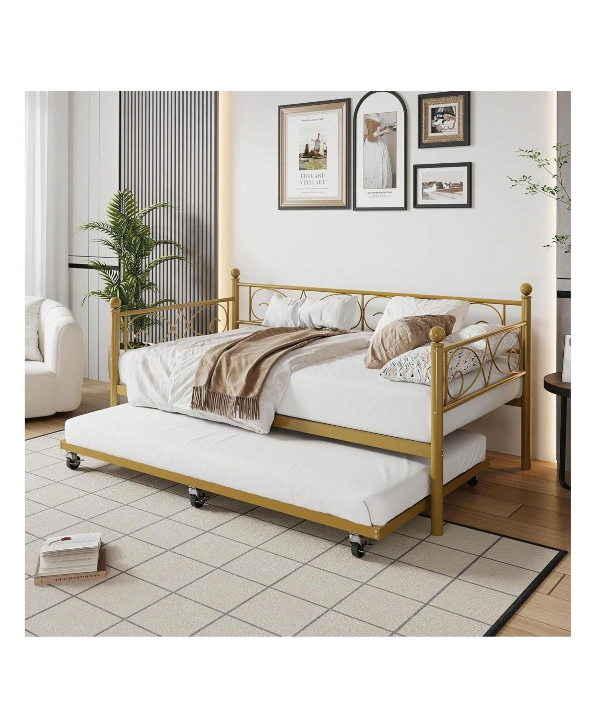 gaomon Twin Daybed with Trundle Metal Sofa Bed Heavy Duty Slats Space Saving Guest Room Gold