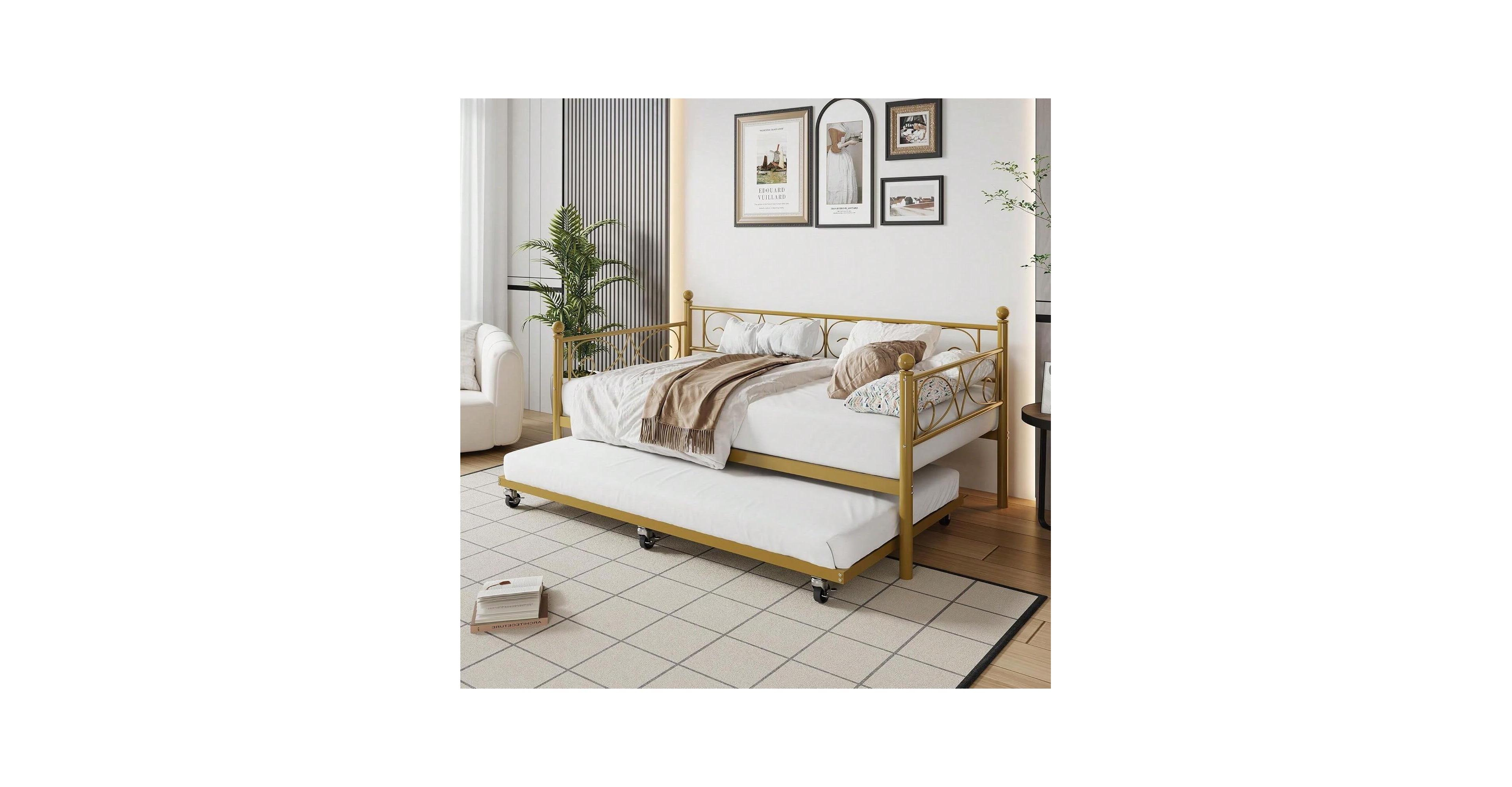gaomon Twin Daybed with Trundle Metal Sofa Bed Heavy Duty Slats Space Saving Guest Room Gold