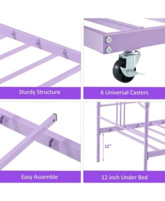 Twin Daybed with Trundle Metal Frame Pullout Trundle 6 Casters Steel Slats Living Room Bedroom Guest Room No Box Spring Purple