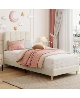 Twin Bed Frame Boucle Upholstered Wave Headboard Girls Kids Wooden Slats No Box Spring Needed Beige