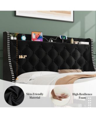 Full Bed Frame Black Upholstered 4 Storage Drawers Wingback Headboard Charging Station Button Tufted
