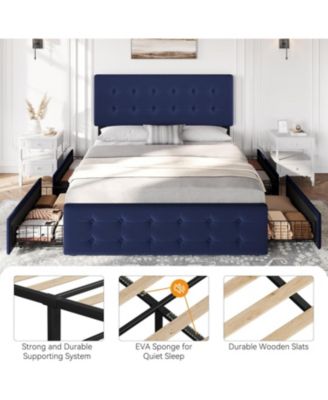 Upholstered Bed Frame 4 Storage Drawers Headboard Linen Platform Wooden Slats Button Tufted
