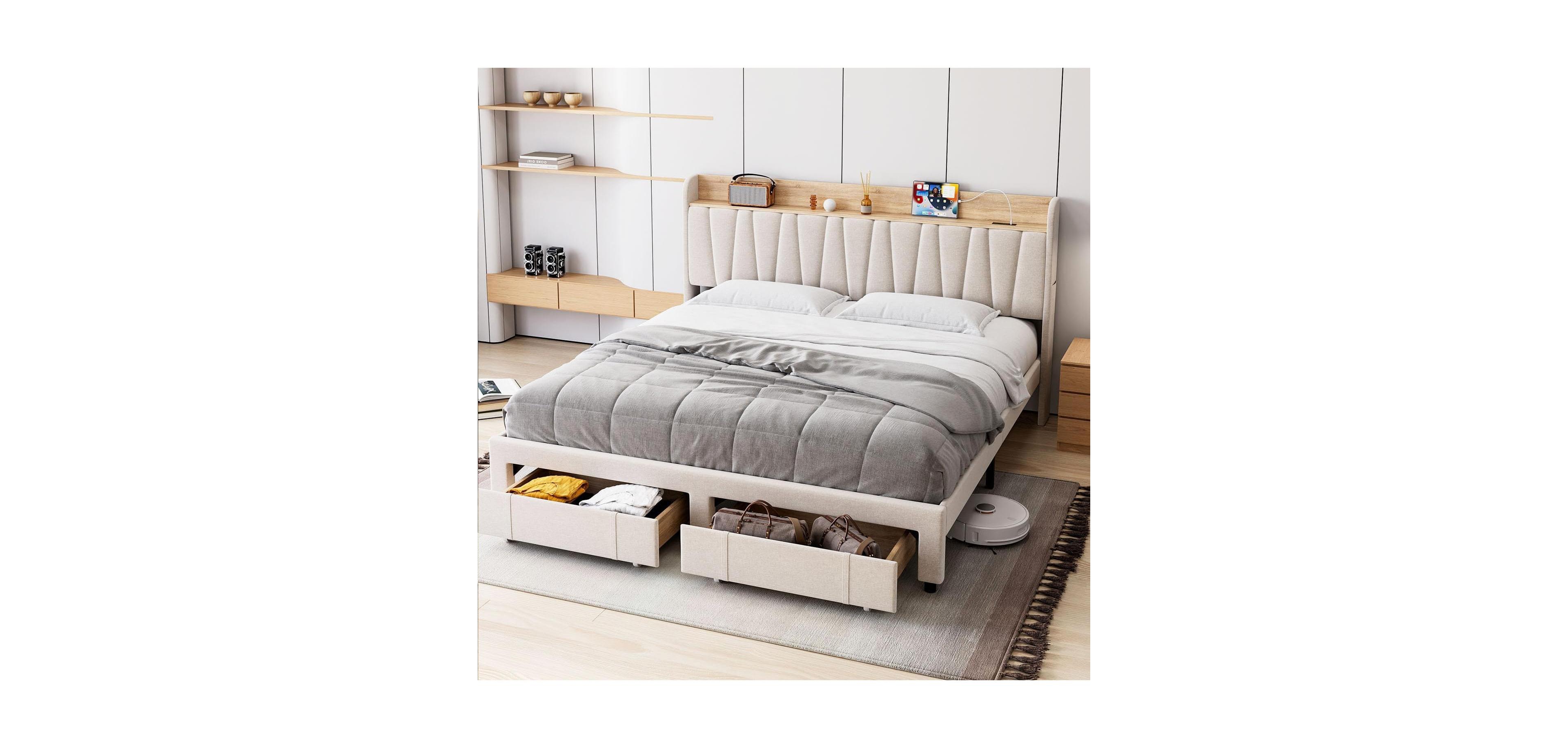Upholstered Bed Frame Storage Headboard Platform Drawers Charging Station Noise Free No Box Spring Beige