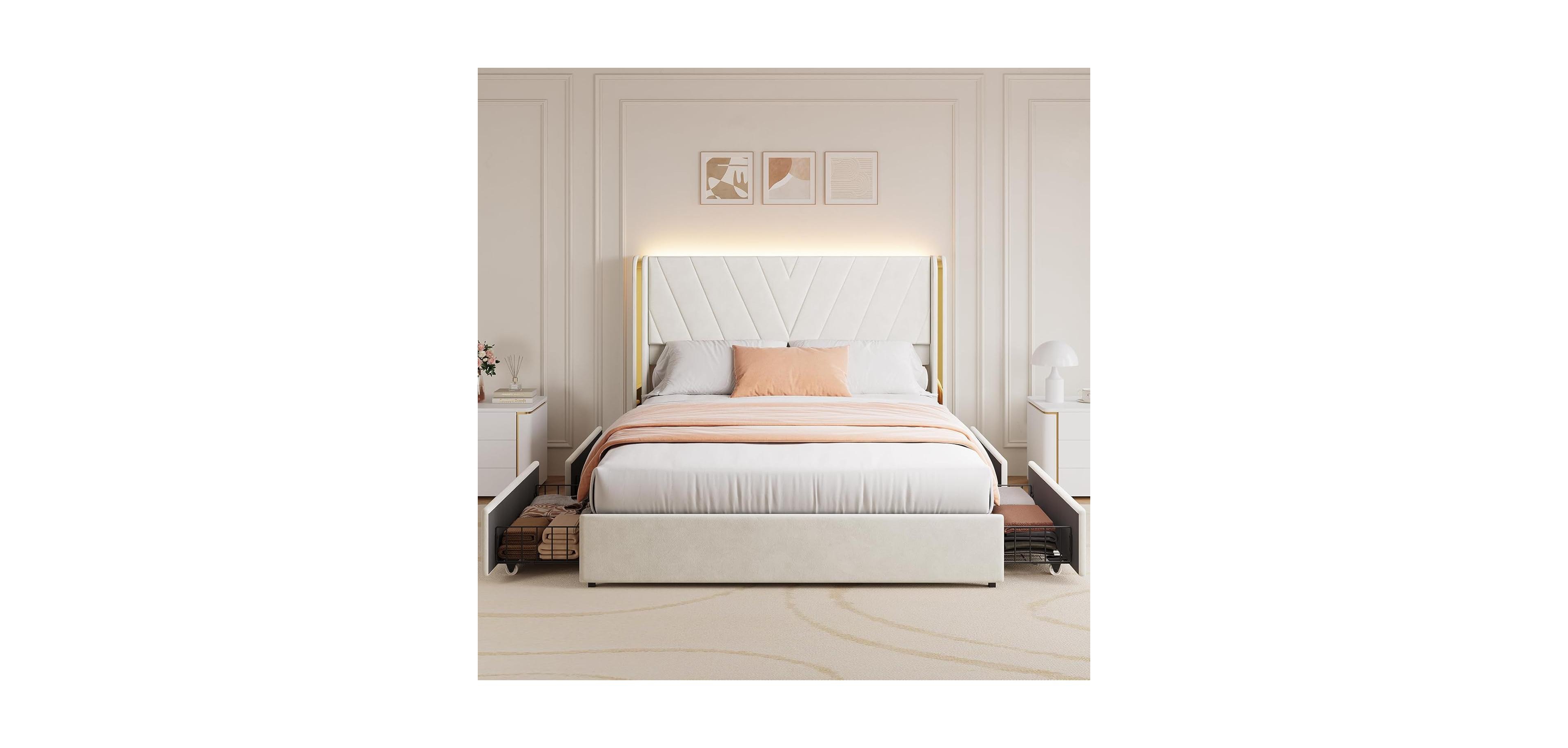 gaomon Queen Size Bed Frame with Led Headboard Storage Metal Frame Wood Slat Support No Box Spring Needed Heavy Duty Beige