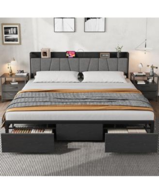 King Size Platform Bed Frame Metal+PB Board Upholstered Two Mesh Drawers Charging Station No Box Spring