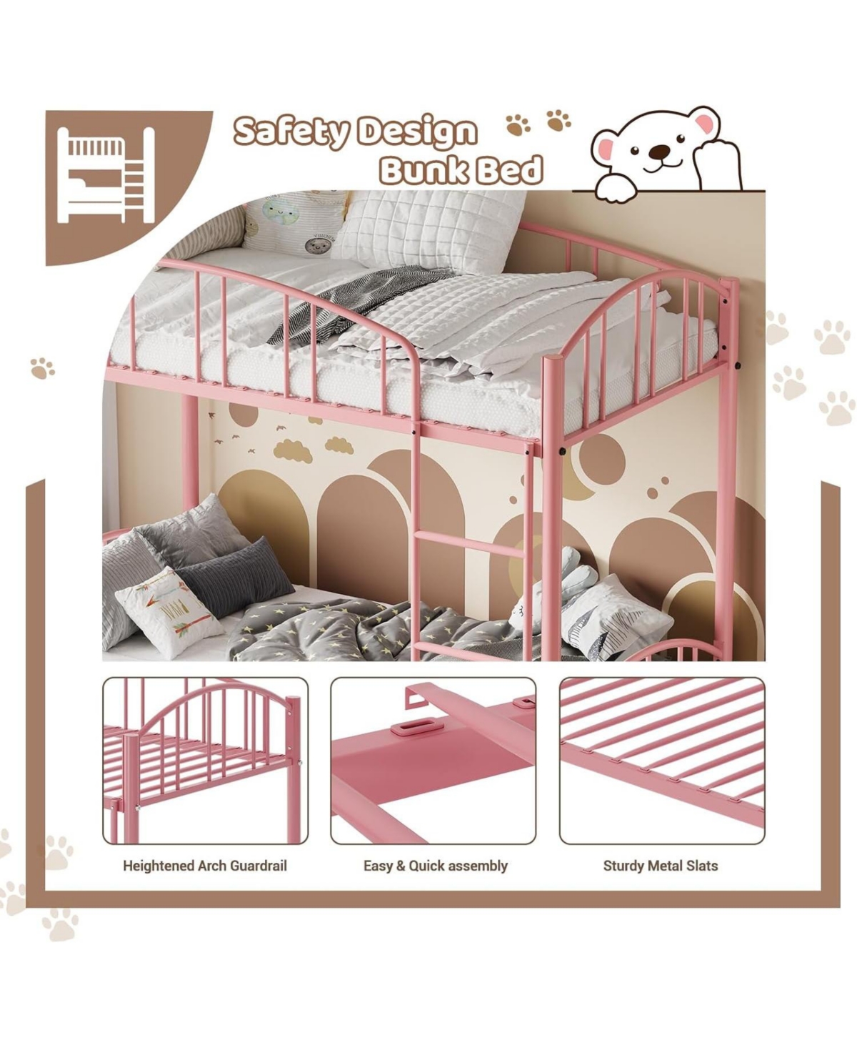 gaomon Metal Bunk Bed Twin Over Twin Heavy Duty Bunkbeds Arched Guardrail Safety Ladder Space-Saving Modern Pink