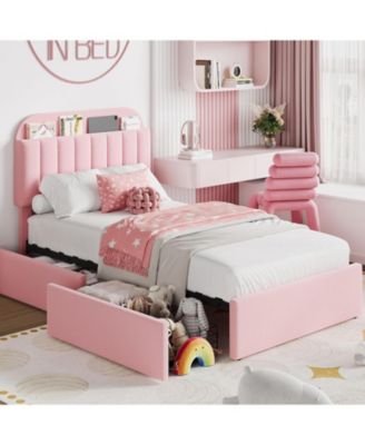Twin XL Boucle Upholstered Platform Bed Frame for Girls with 2 Drawers Bookcase Headboard No Box Spring Pink