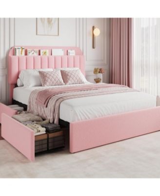 Queen Size Boucle Upholstered Platform Bed Frame with Storage Headboard Bookcase 2 Drawers No Box Spring