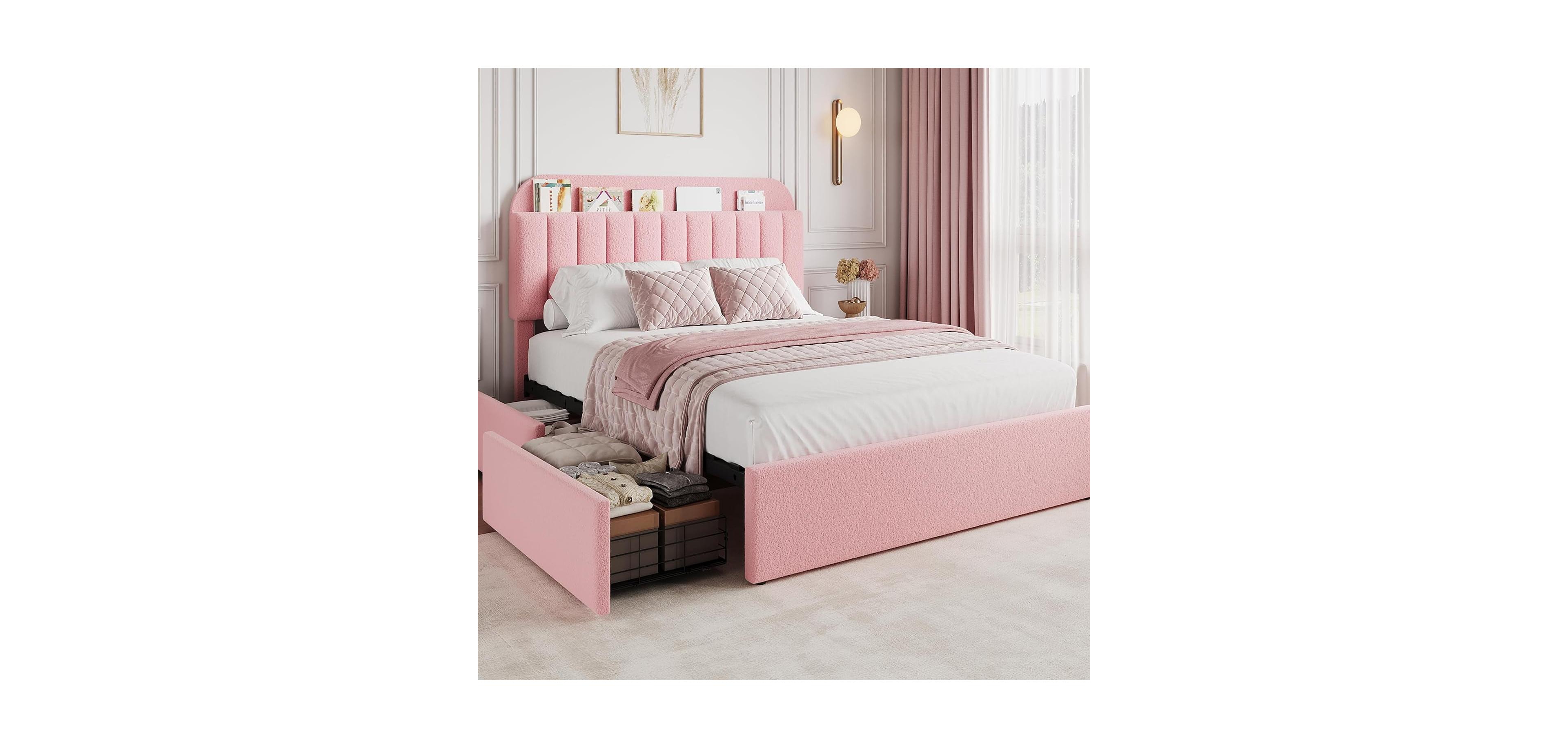 gaomon Queen Size Boucle Upholstered Platform Bed Frame with Storage Headboard Bookcase 2 Drawers No Box Spring