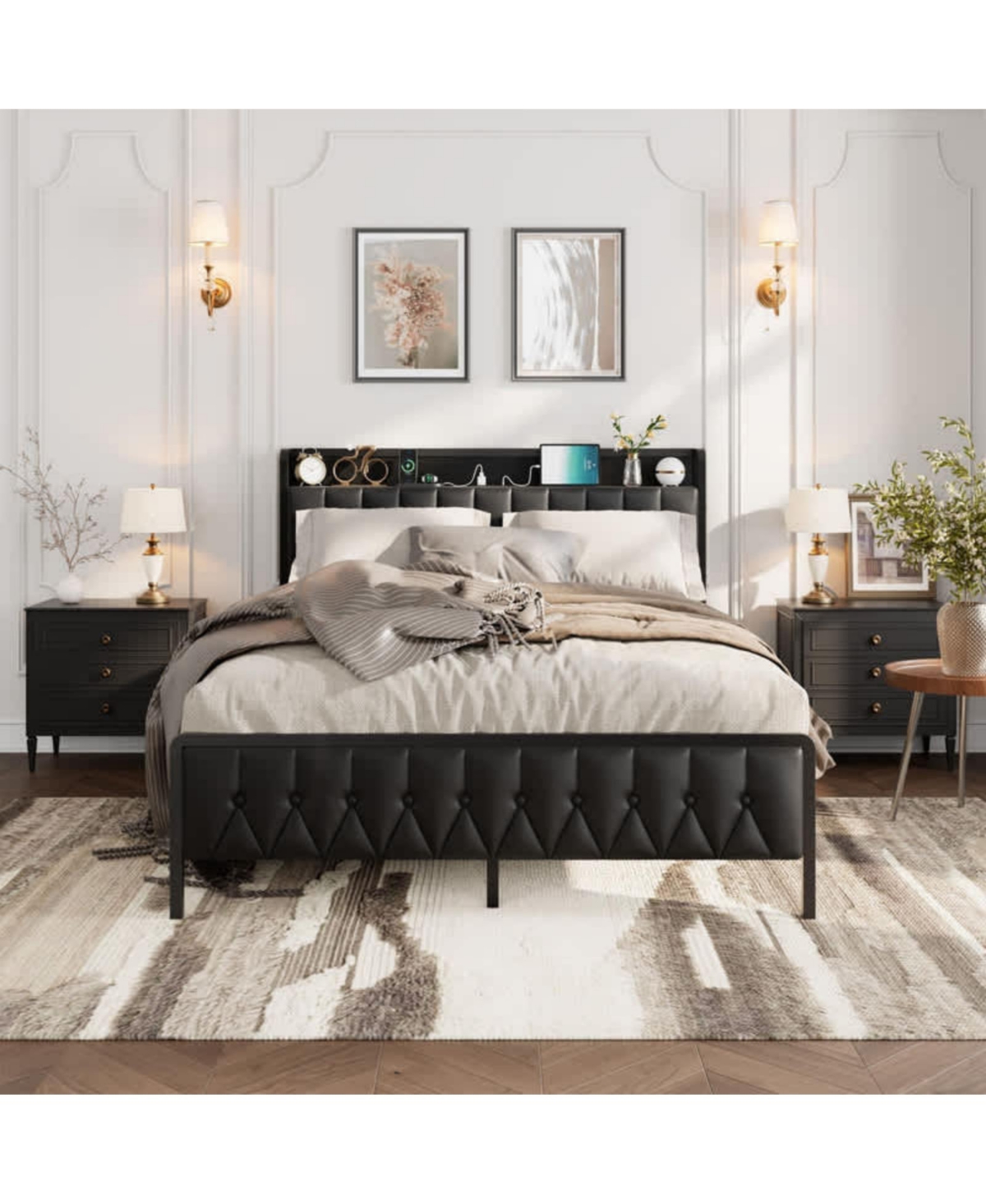 gaomon Queen Size Black Faux Leather Upholstered Platform Bed Frame with Storage Headboard Charging Station Usb Ports Outlets
