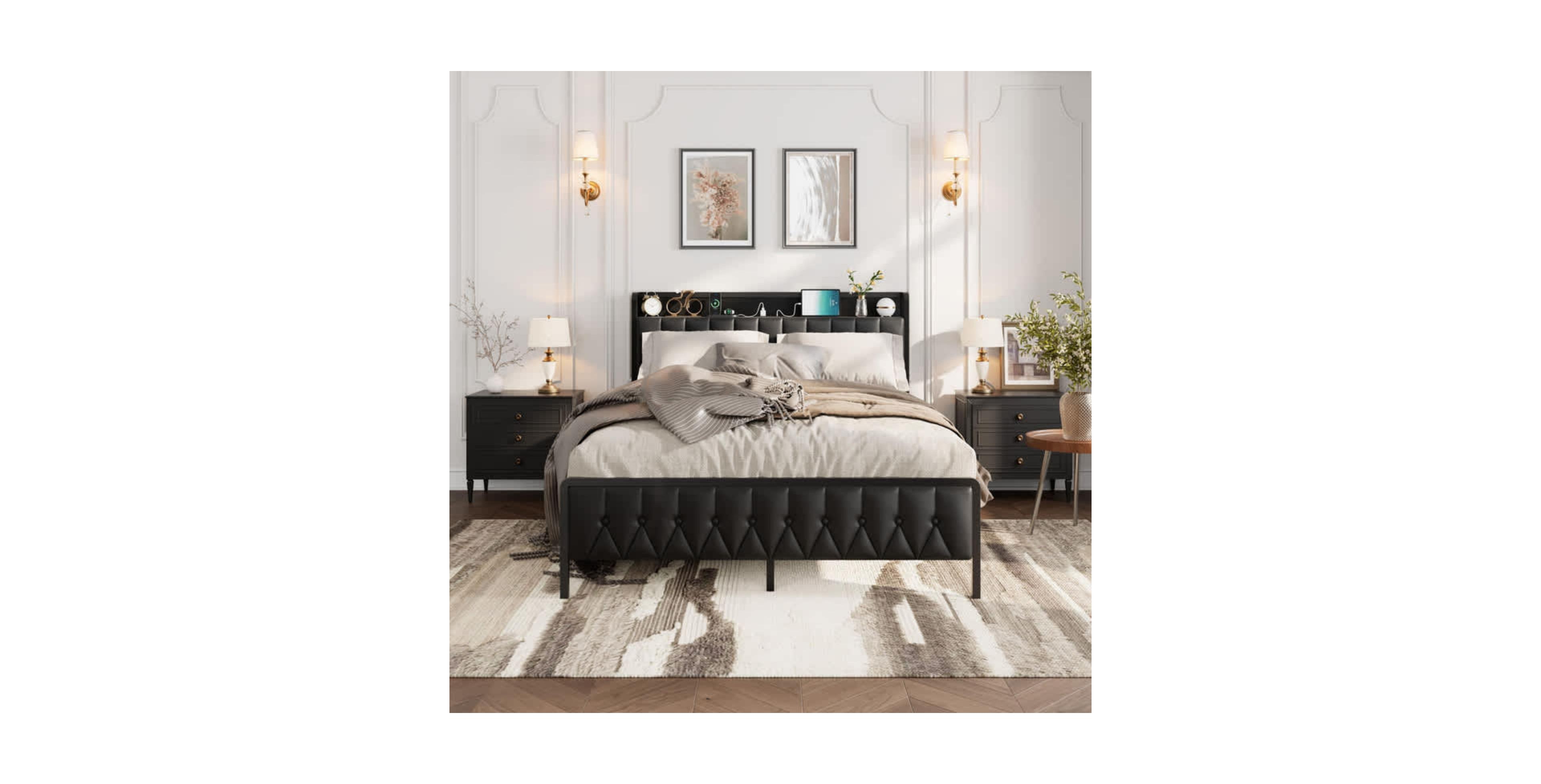 gaomon Queen Size Black Faux Leather Upholstered Platform Bed Frame with Storage Headboard Charging Station Usb Ports Outlets