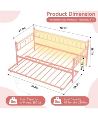 Twin Size Metal Daybed with Trundle Charging Station LED Lights Sofa Bed for Living Room Guest Room Apartment