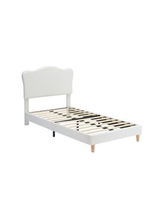 Twin Size Bed Frame for Kids with Scallop Headboard, Cute Velvet Twin Bed for Girls, Boys, Sturdy Platform Bed