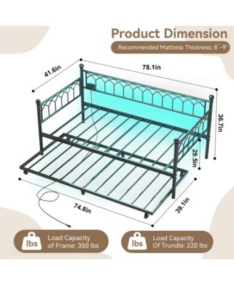 Twin Daybed with Trundle, Day Bed with Charging Station & LED Lights