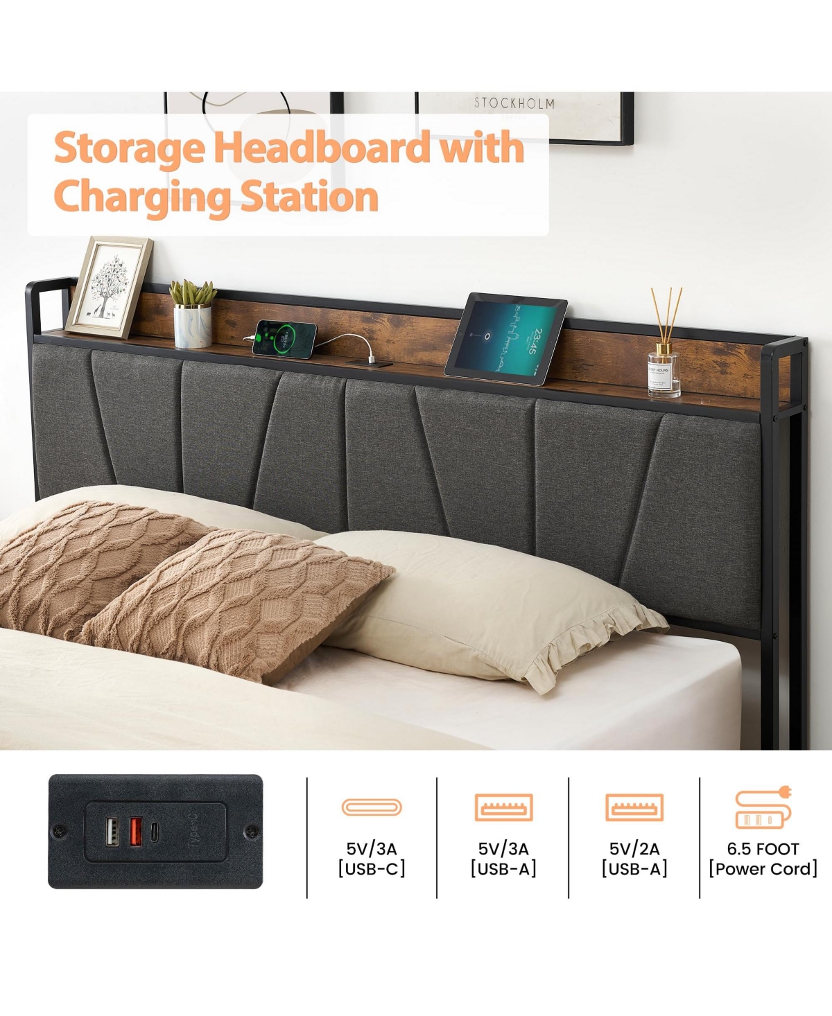 gaomon King Size Bed Frame with 2 Storage Drawers and Charging Station, Rustic Linen Upholstered Platform Bedframe