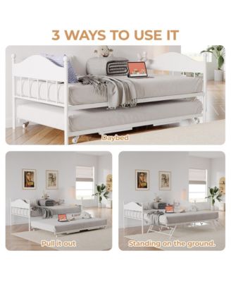 Daybed with Trundle, Metal Twin Size Day Bed with Stylish Headboard, Sofa Bed Frame with Pop Up Foldable Trundle Bed