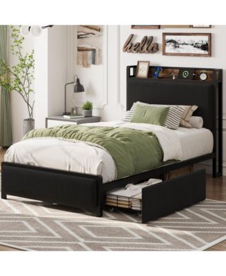 Twin Size Bed Frame with 2 Storage Drawers and Charging Station