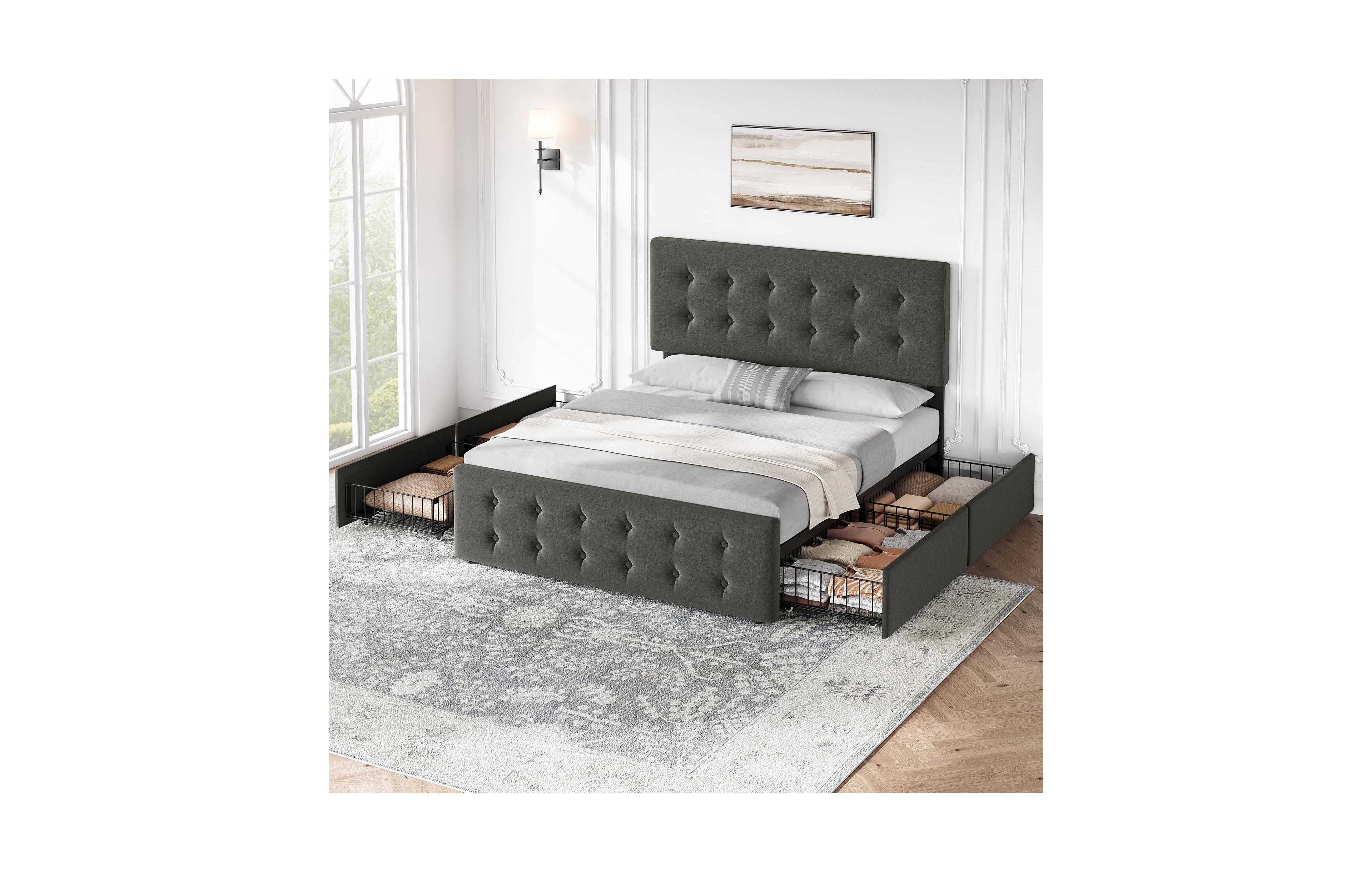 Full Bed Frame with Headboard and 4 Storage Drawers, Platform Bed Frame Square Stitched Button Tufted