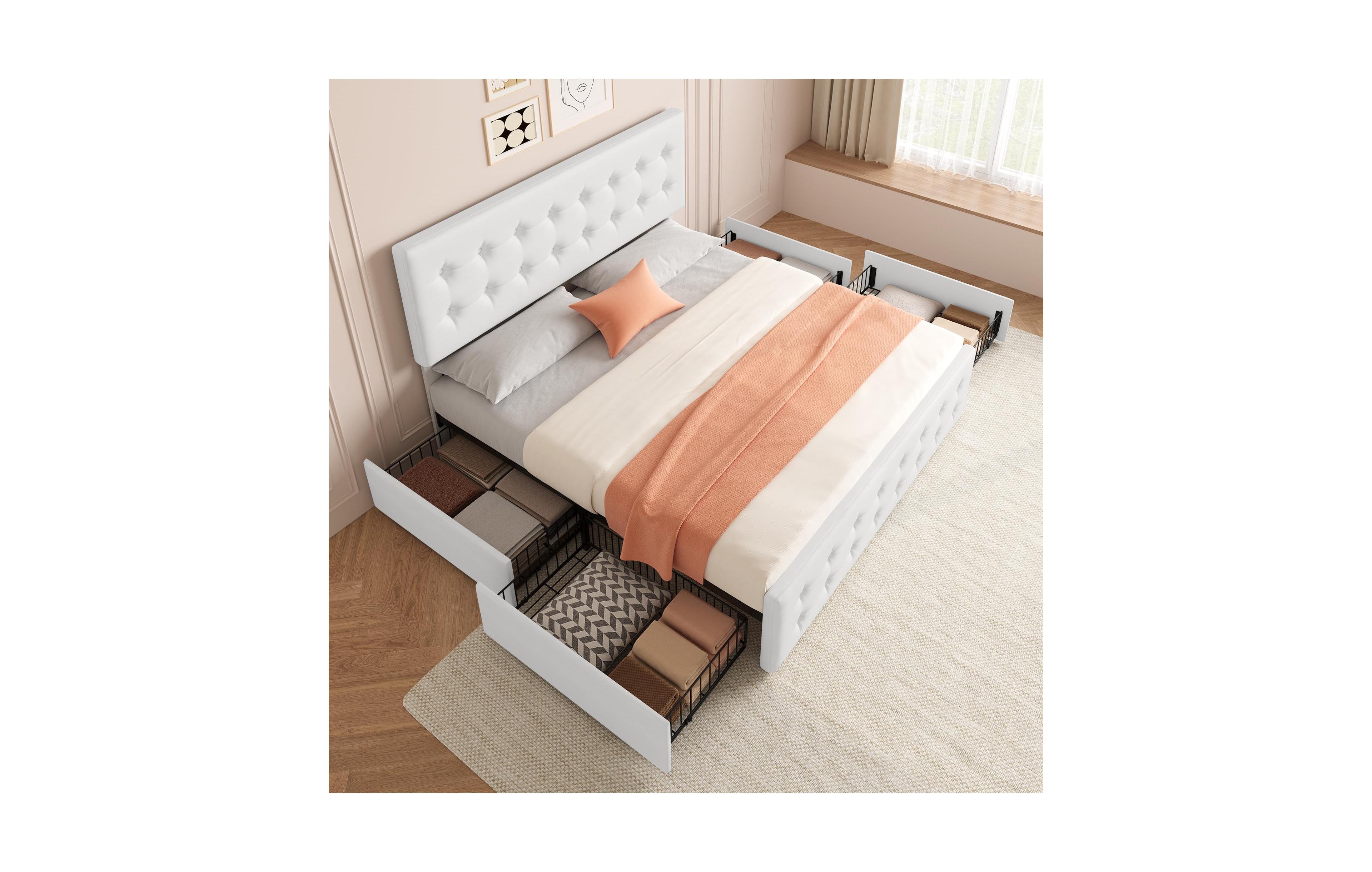 gaomon King Bed Frame with Headboard and 4 Storage Drawers, Platform Bed Frame Square Stitched Button Tufted