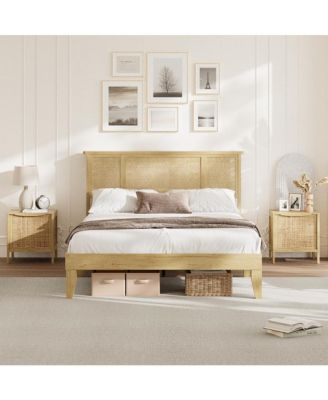 Full Bed Frame with Headboard, Sturdy Wooden Slats, Metal Platform, Boho Cane Mattress Support