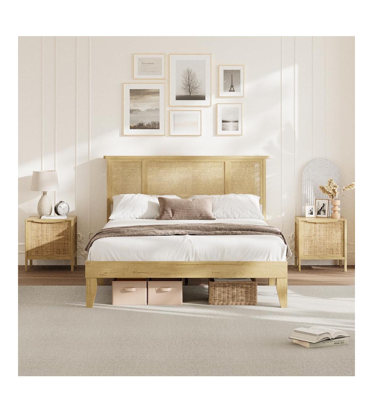 Gaomon Full Bed Frame with Headboard, Sturdy Wooden Slats, Metal Platform, Boho Cane Mattress Support